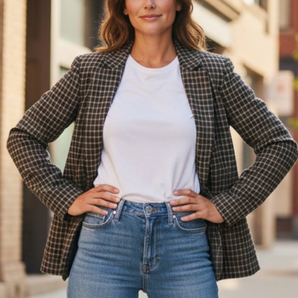 Max Mara Weekend Wool Blend Windowpane Blue Black Taupe Plaid Blazer Size Small